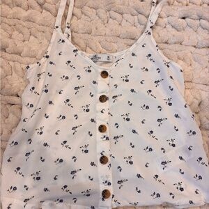 Hollister White Tank with Blue Floral and Brown Buttons